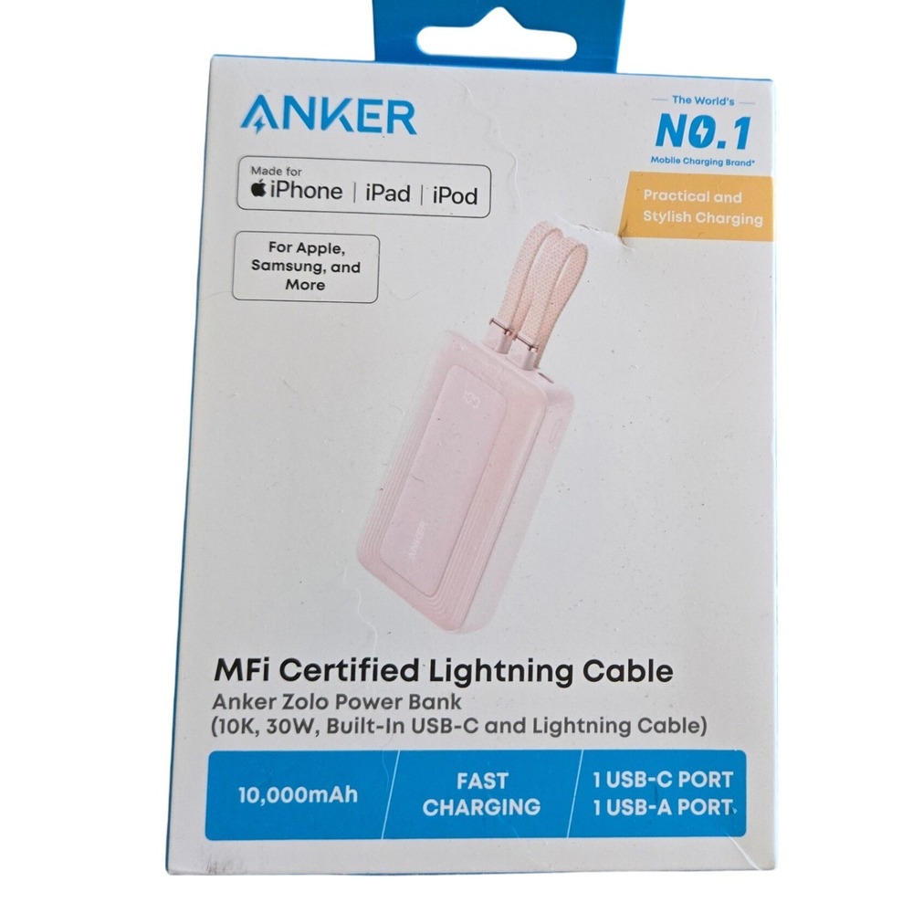 Anker Zolo Power Bank 10K 30W Pink New Built-In Lightning & USB-C Cables A1680